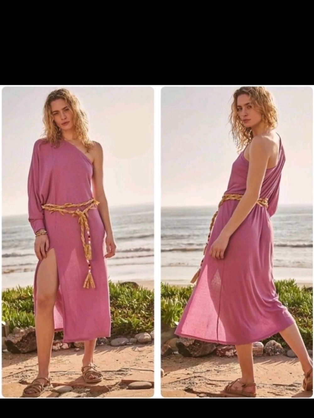 One-Shoulder Dusty Rose Midi Dress with Braided Rope Belt